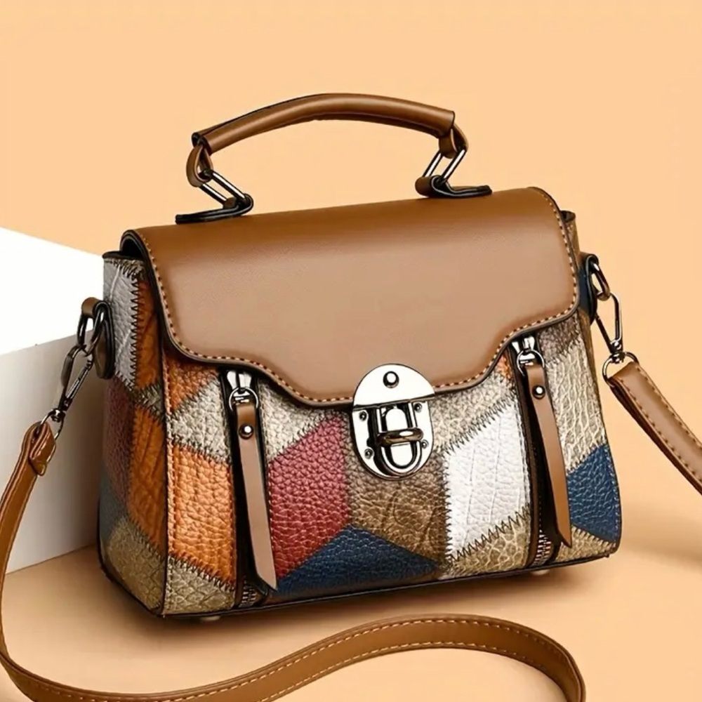 Chic Patchwork Satchel in Brown and Blue